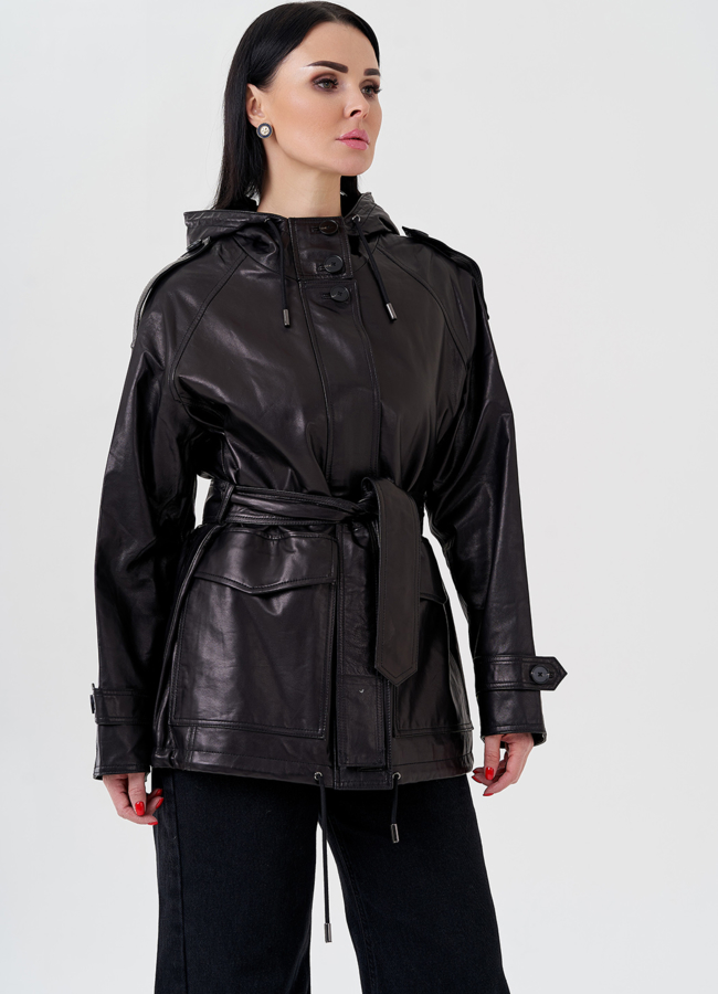 фото Женская куртка из натуральной кожи с капюшоном  модель № 24090