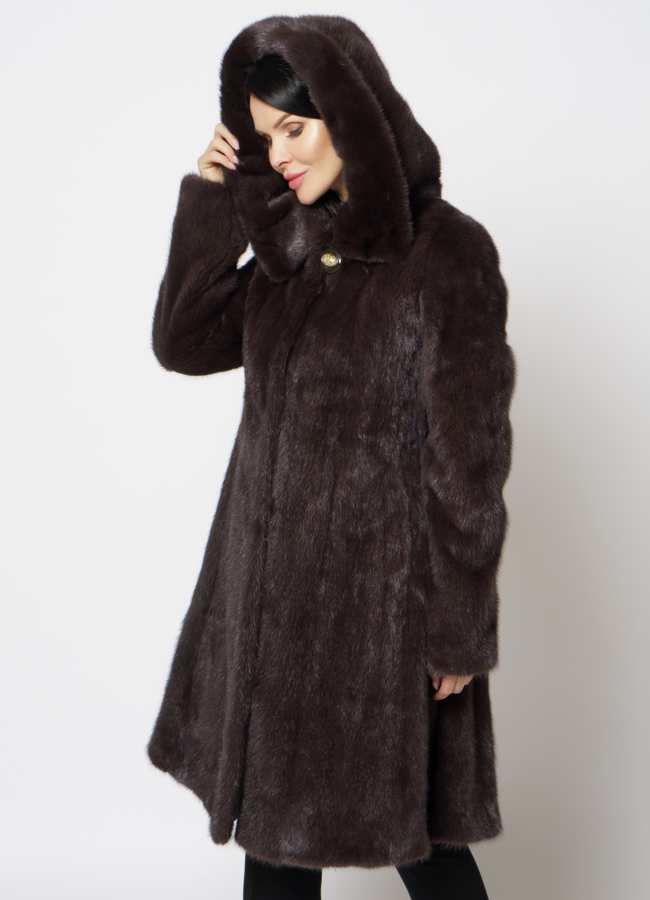 Норковая шуба с капюшоном в цвете капучино модель № 21115 в кредит