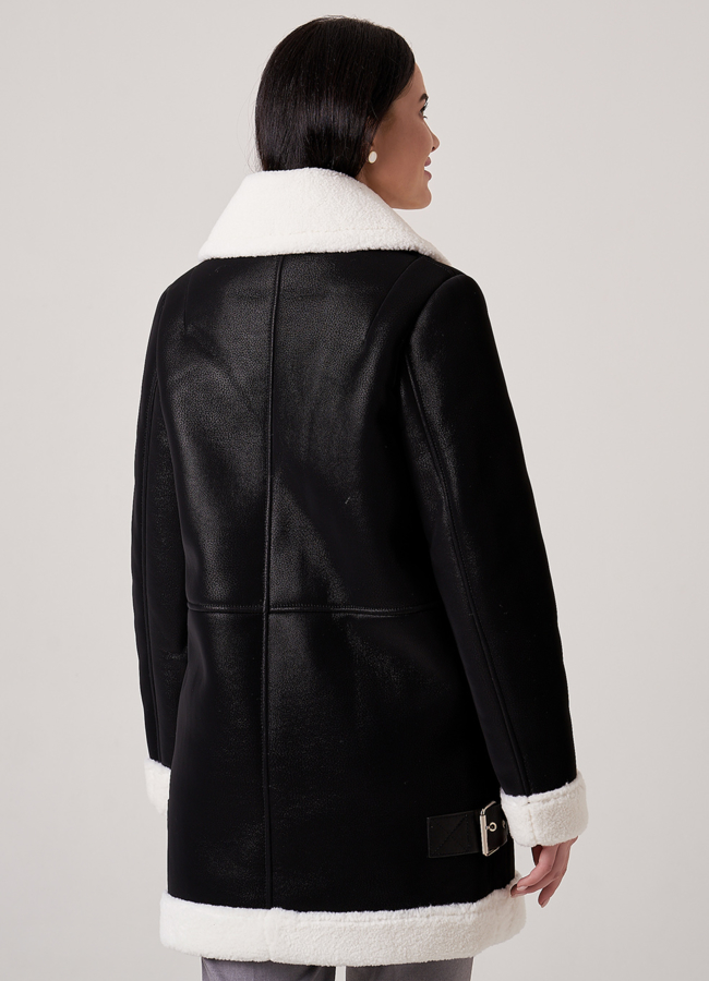 фото Удлиненная дубленка авиатор черного цвета модель № 18812