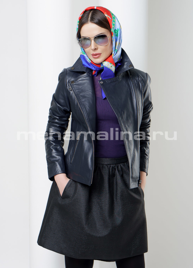 Кожаная куртка модель № K-353 меха малина