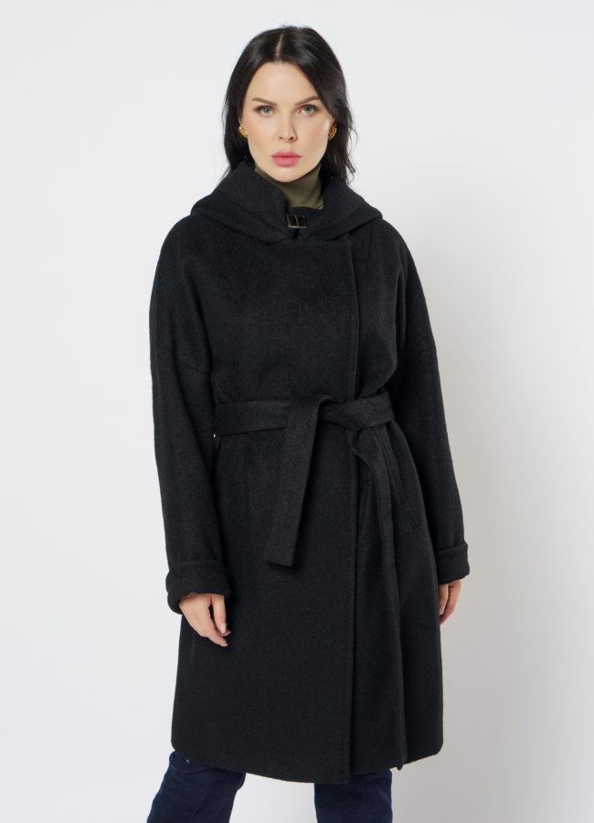Полупальто женское в черном цвете с капюшоном модель № 21542 в кредит