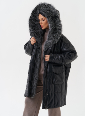 Пуховик из эко кожи с капюшоном из эко меха 