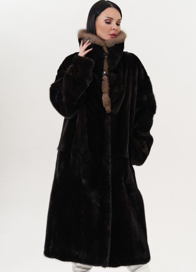 Норковая шуба с воротником из куницы модель № 26264 универмаг малина