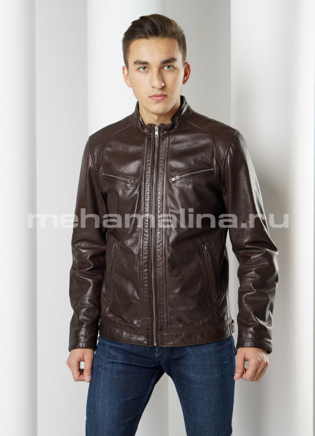 Современная кожаная куртка  модель № KP-204 меха малина