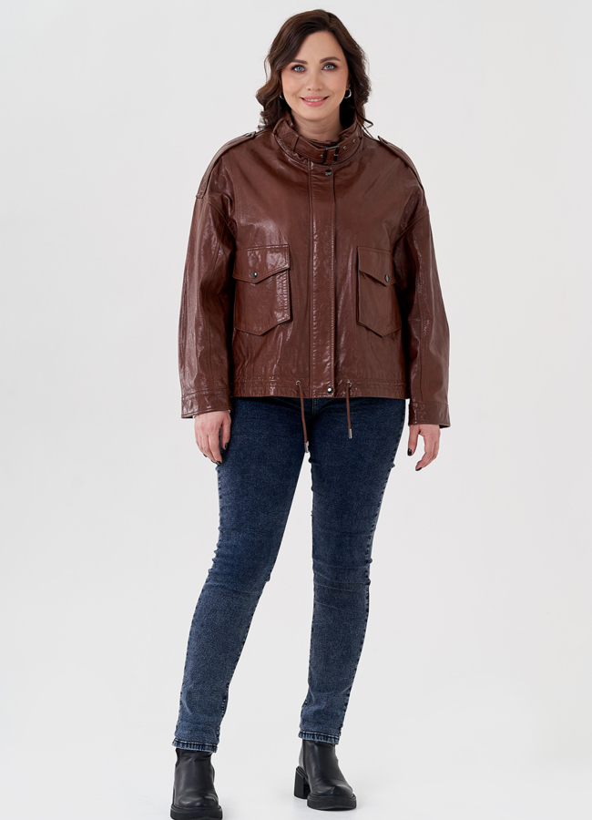 фото Куртка из натуральной кожи коричневого цвета модель № 24095