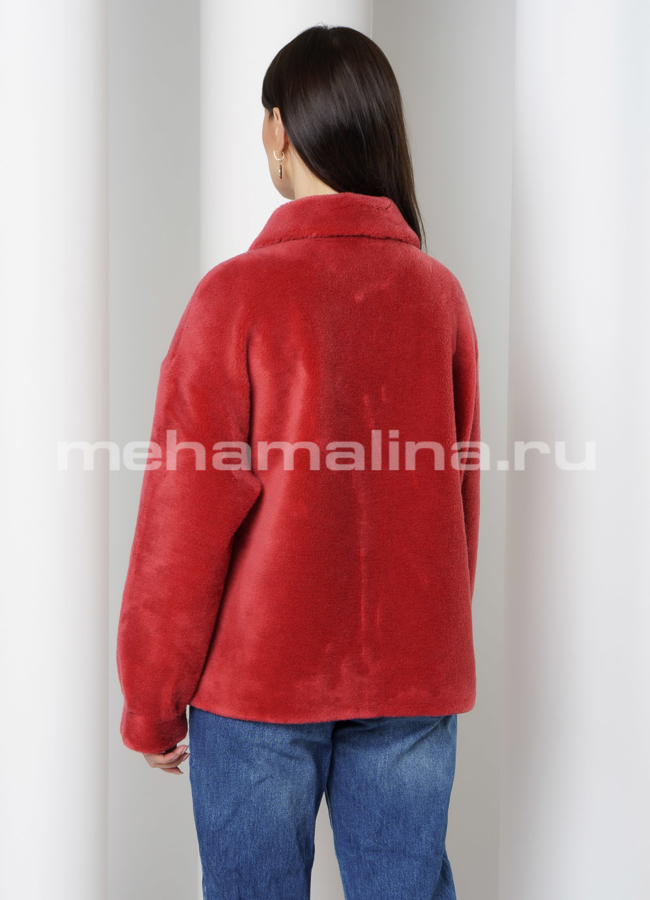 Укороченная шуба из эко меха красного цвета модель № 1012 в кредит