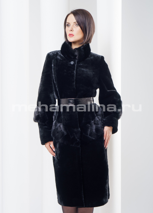 Шуба из мутона с норковым оформлением  модель № S-261 универмаг малина