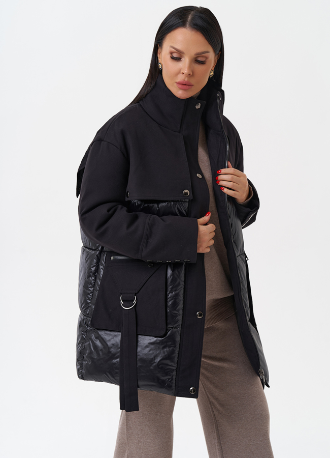 Женский пуховик черного цвета  модель № 28893 универмаг малина