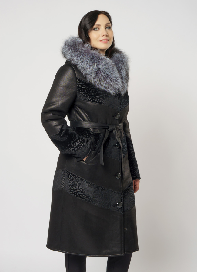 Дубленка эко на пуговицах с отделкой из чернобурки модель № 8207 меха малина