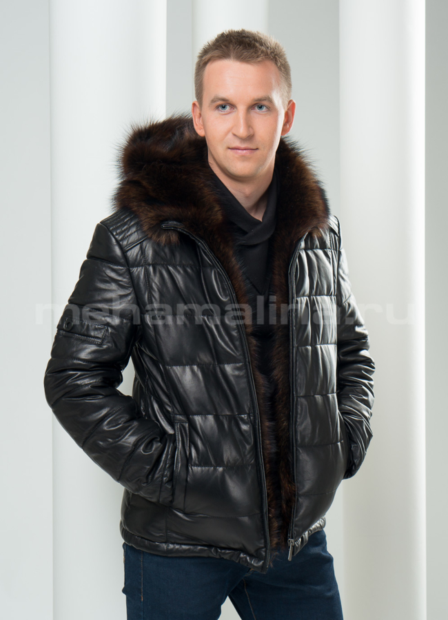 фото Кожаный пуховик с капюшоном модель № ПМ-46