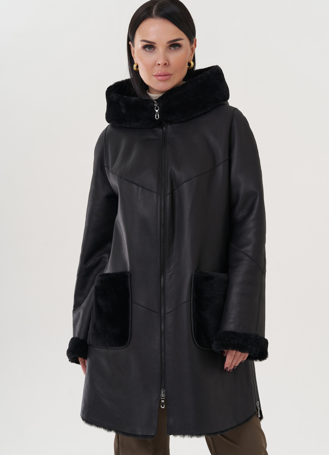 Дубленка женская с капюшоном  модель № 25913 меха малина