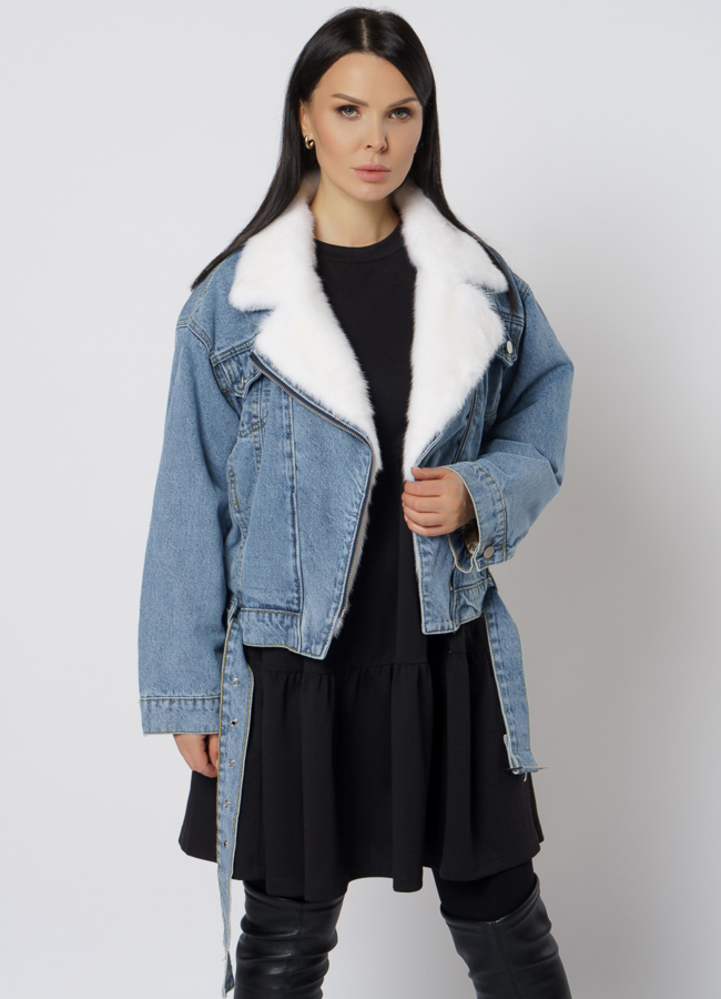 Утепленная джинсовая куртка с отделкой из норки модель № 21831 в кредит