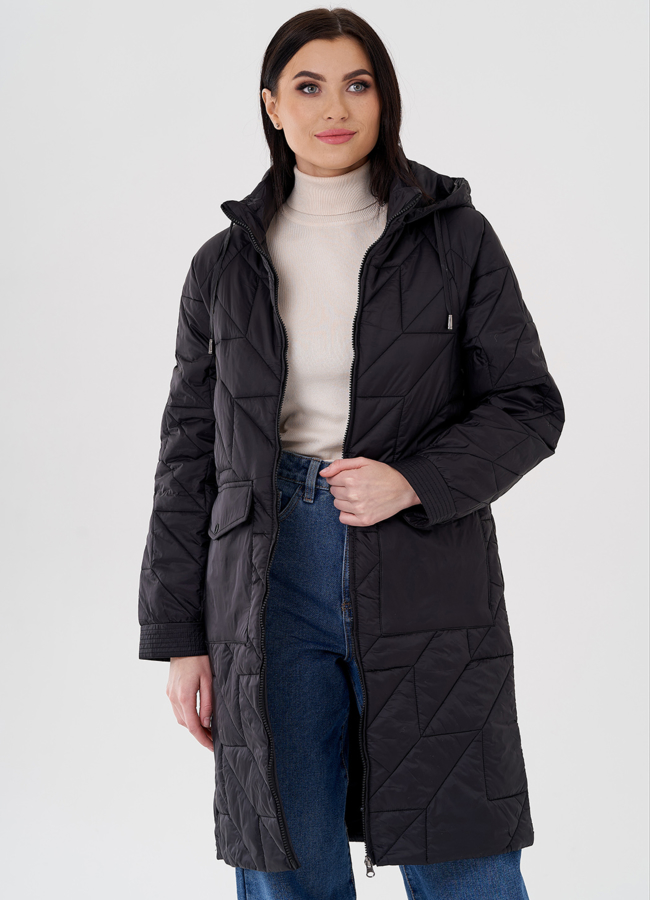 Женское полупальто с капюшоном черного цвета  модель № 24332 в кредит