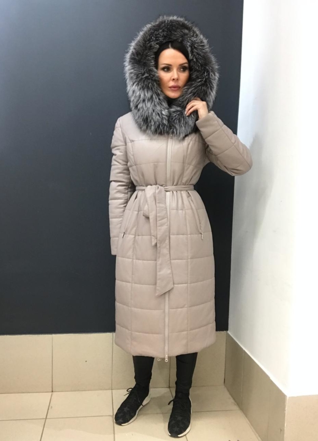 Светлый пуховик с капюшоном их эко кожи  модель № 6161 в рассрочку