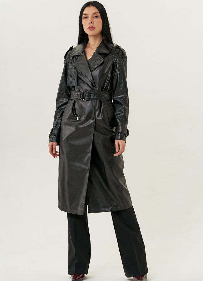 фото Женский удлиненный тренч из эко кожи черного цвета с поясом модель № 20714