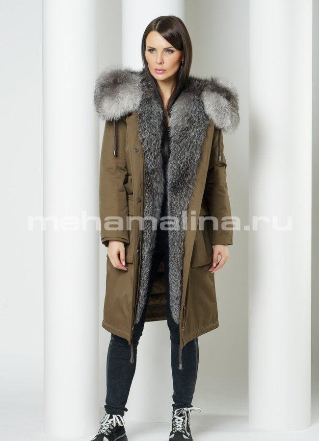 Меховая парка в цвете хаки, отделка фрост модель № 610 в кредит