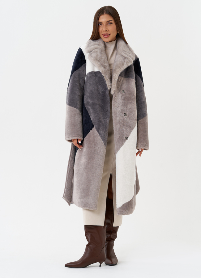 Двухсторонняя эко дубленка с поясом модель № 27776 универмаг малина