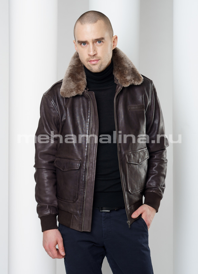 Кожаная куртка на резинке модель № KP-219 универмаг малина