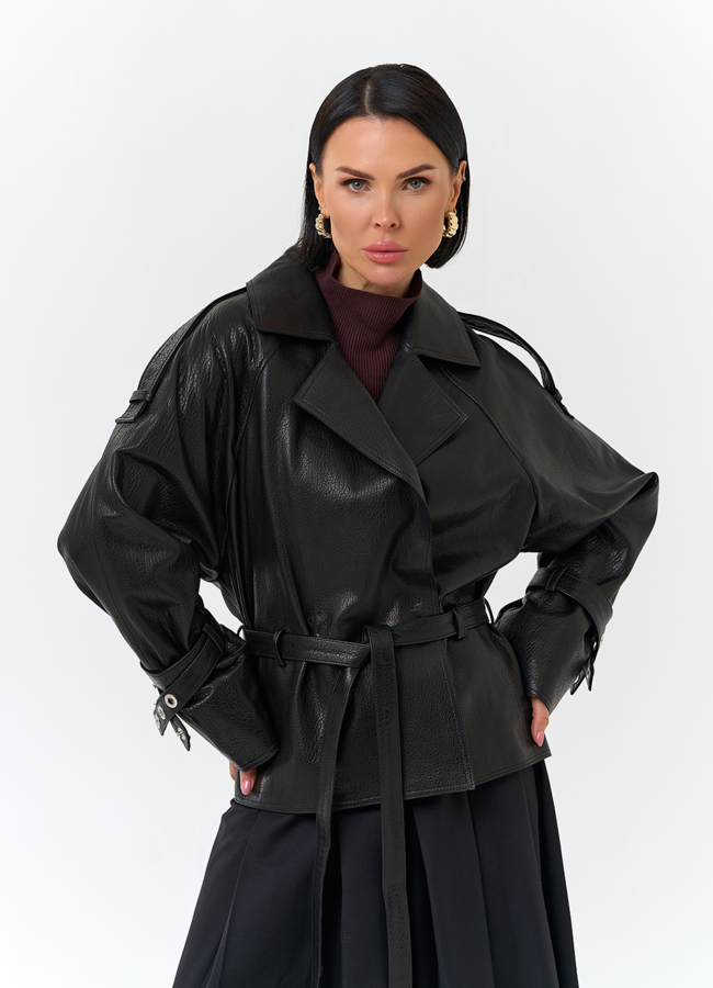 Женская куртка из натуральной кожи с поясом модель № 32886 меха малина