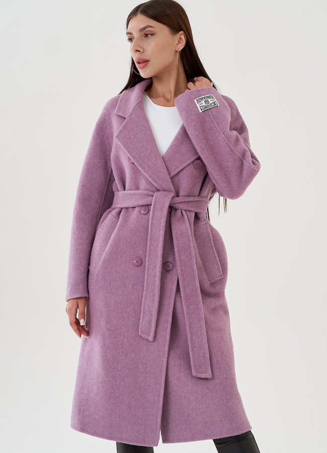 Удлиненное женское пальто с поясом модель № 81424 меха малина