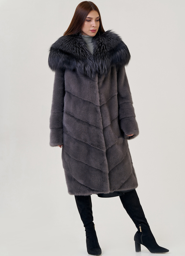 фото Шуба из норки с капюшоном из чернобурки модель № 77908