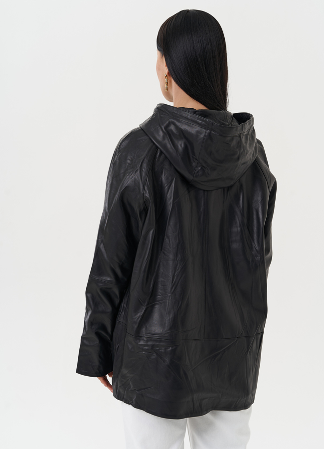 Женская кожаная куртка с капюшоном модель № 28032 универмаг малина