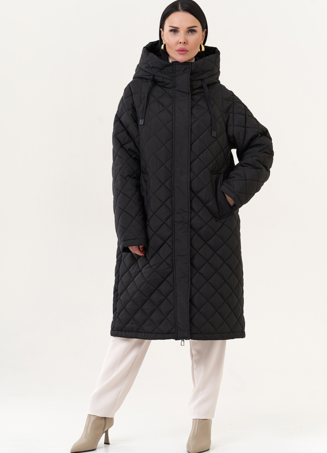 Стеганый пуховик с капюшоном модель № 25619 меха малина