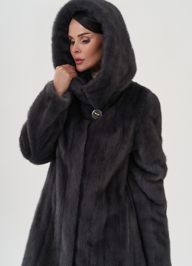 Норковая шуба годе/балетка в роспуск с капюшоном цвета графит модель № 25009 универмаг малина