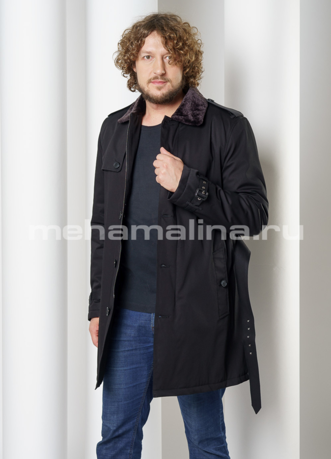 Удлиненная куртка черного цвета с поясом на пуговицах модель № DM-137 универмаг малина