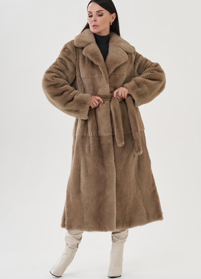 фото Длинная шуба из норки в цвете пастель модель № 24835