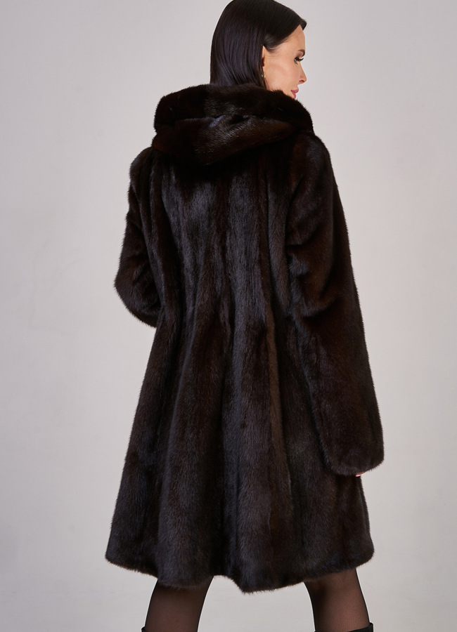 Норковая шуба в цвете махагон с капюшоном модель № S-846 в кредит