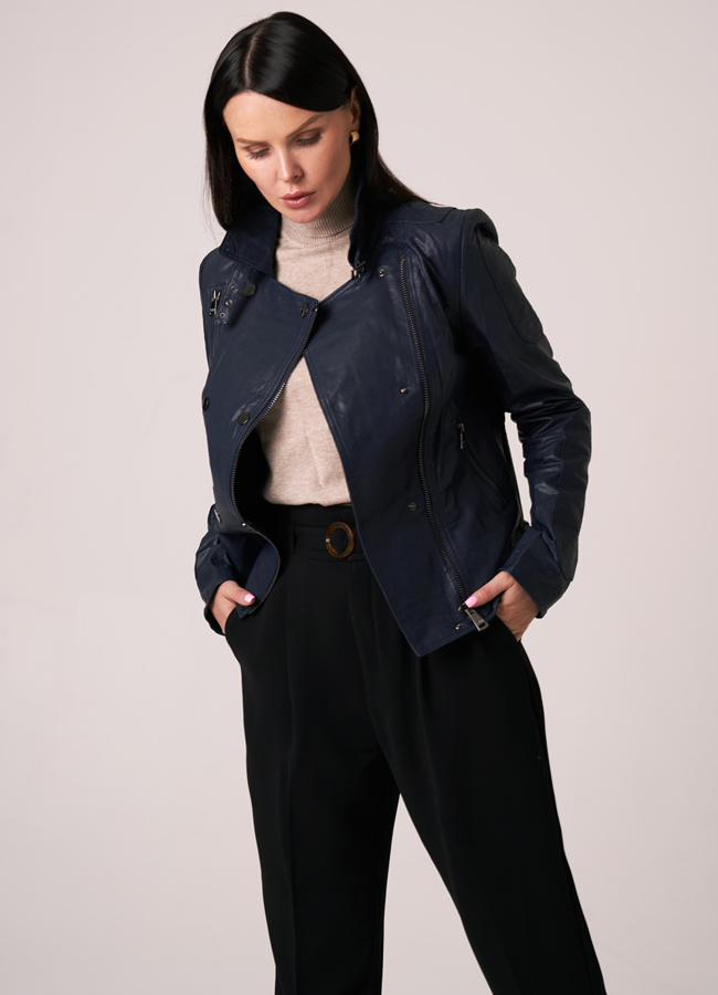 Куртка из натуральной кожи синего цвета модель № 5244-1 универмаг малина