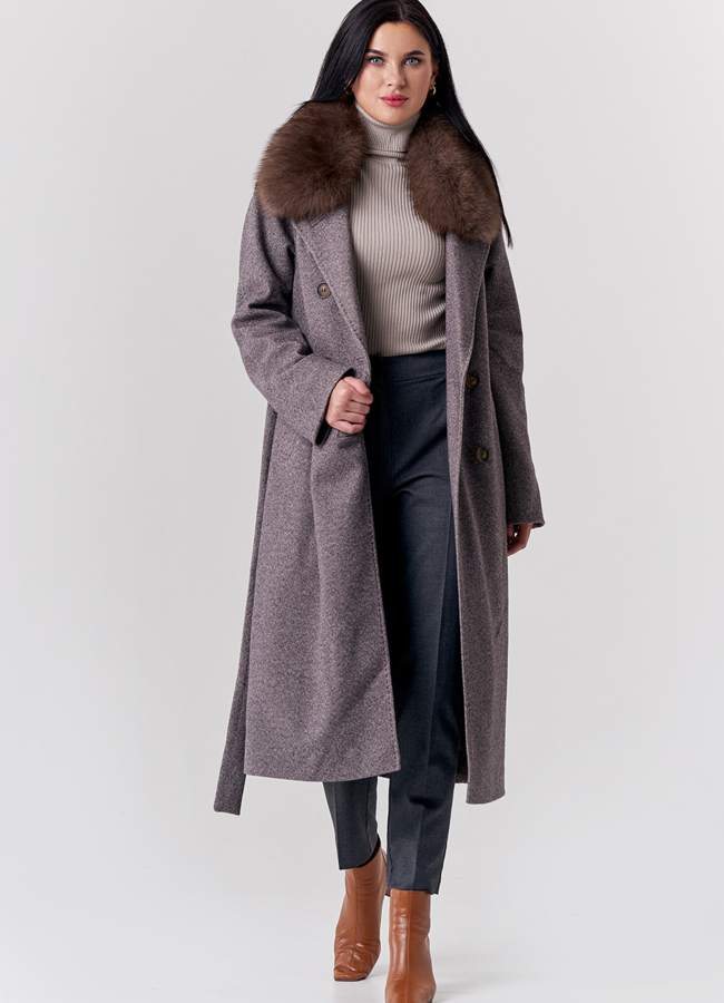 Утепленное пальто коричневого цвета с поясом модель № 21873 универмаг малина