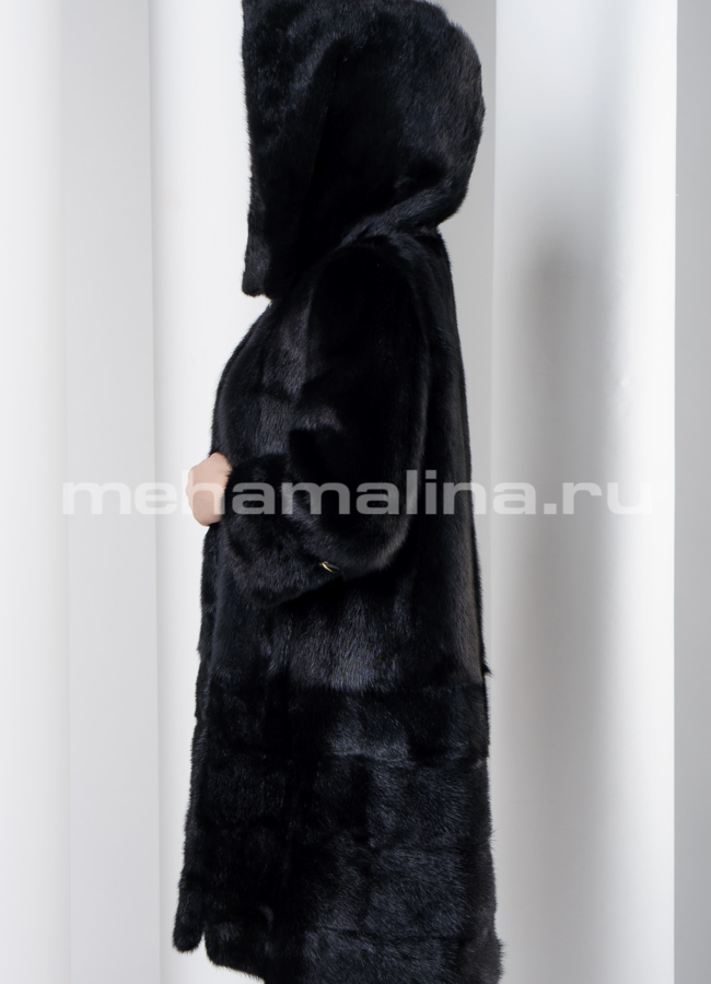 Норковая шуба черного цвета с капюшоном модель № S-544 универмаг малина