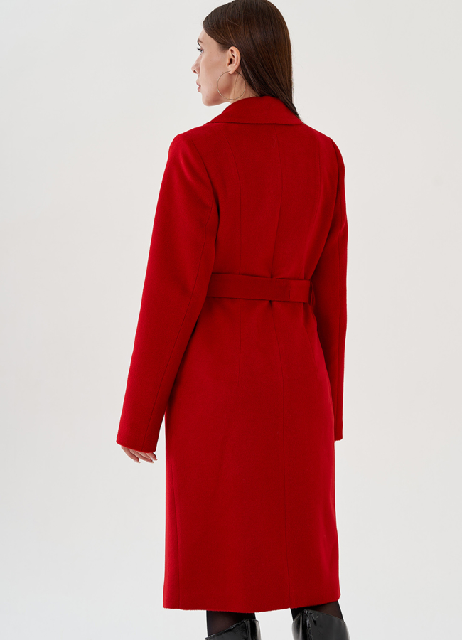 Пальто женское удлиненное  в красном цвете с поясом модель № 81037 в кредит