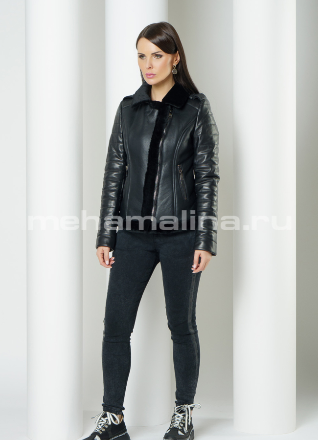Кожаная куртка черного цвета, отделка дубляж модель № 20253 в рассрочку