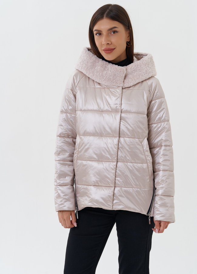 Комбинированный пуховик с капюшоном модель № 27655 меха малина