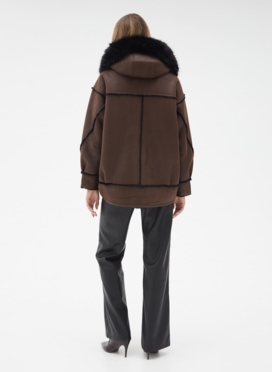 Женская дубленка из эко кожи с капюшоном