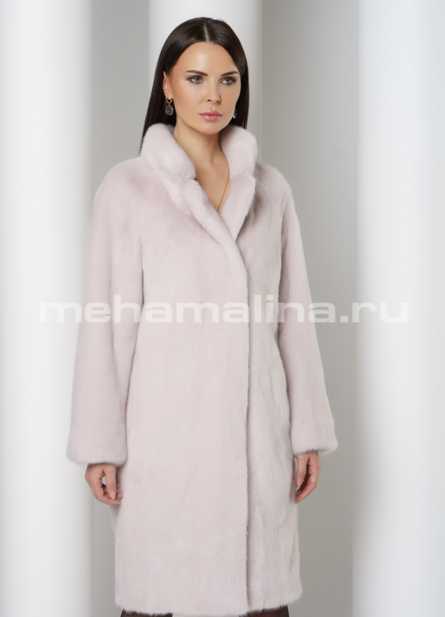 Шуба из норки с английским воротником, цвет пудра  модель № S-755 меха малина