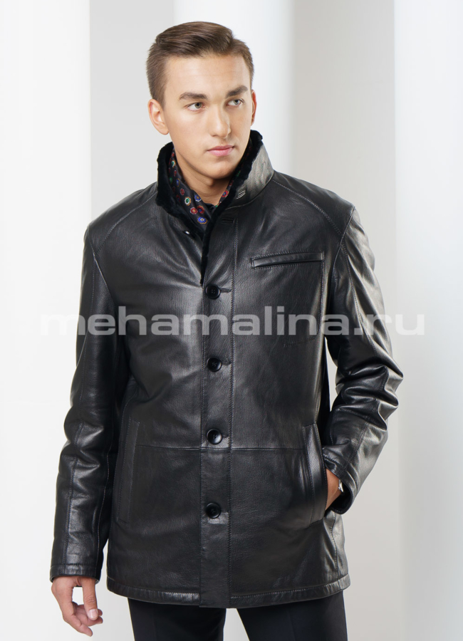 Дубленка черного цвета модель № DM-102 меха малина