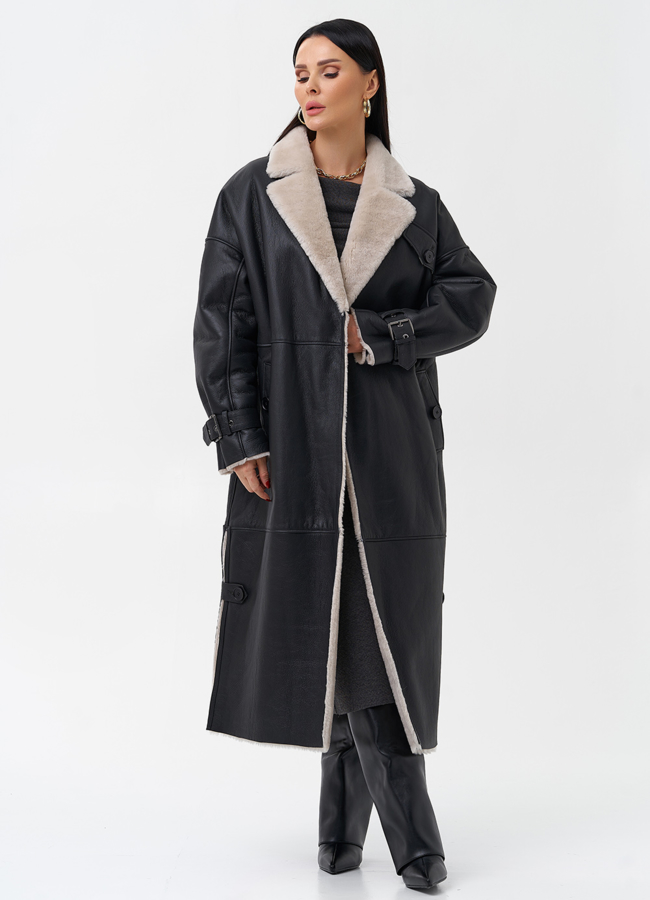 Удлиненная женская дубленка с английским воротником  модель № 23645 универмаг малина