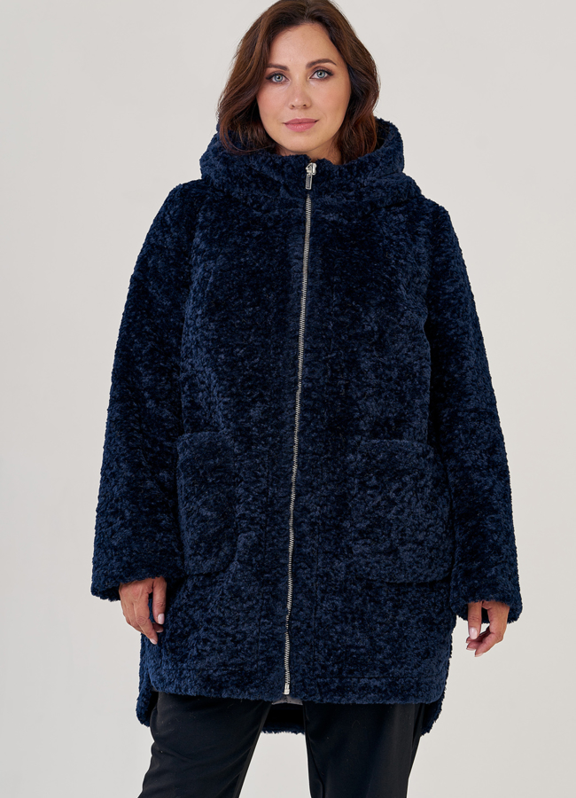 Женское пальто из эко меха в синем цвете с капюшоном модель № 23124 меха малина