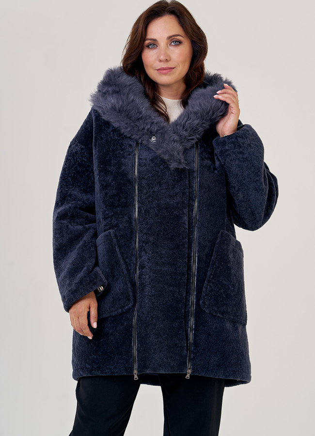 Куртка из мутона оверсайз в синем цвете модель № 1507 меха малина