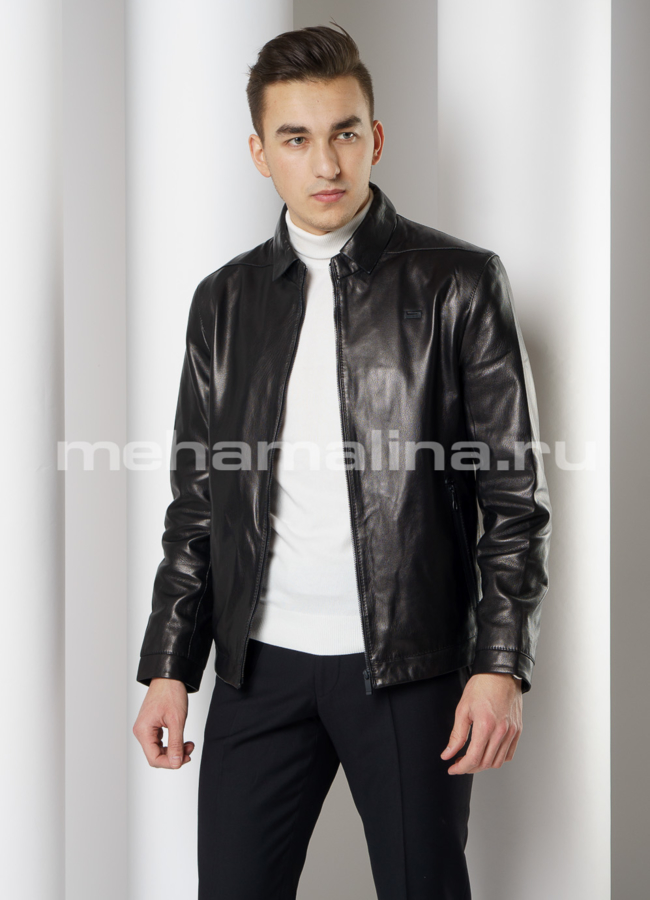 Кожаная куртка с отложным воротником на молнии модель № 8057 универмаг малина