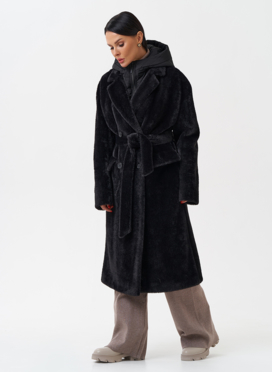 Женское ворсовое пальто с капюшоном