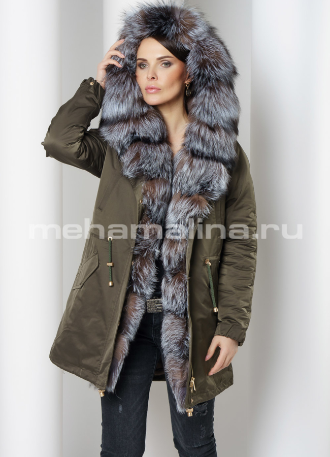 Укороченная парка в цвете хаки, отделка блюфрост модель № 08 меха малина