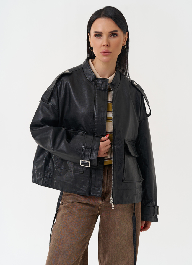 Женская куртка из эко кожи черного цвета модель № 30397 меха малина Женская куртка из эко кожи черного цвета модель № 30397 меха малина