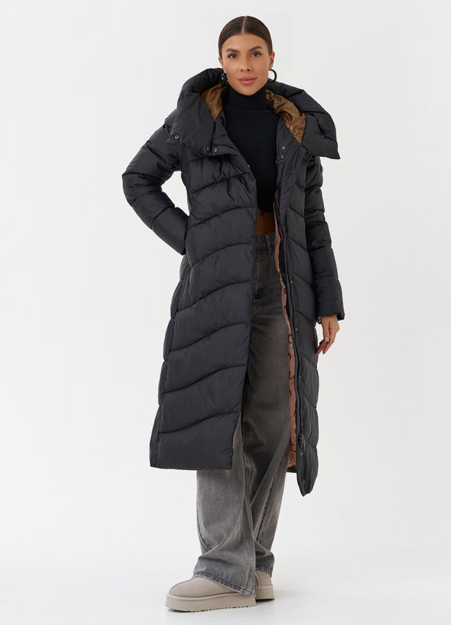 Женский пуховик с поясом модель № 28496 универмаг малина