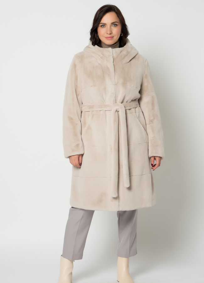 фото Двухстороннее полупальто из эко меха с капюшоном модель № 19010