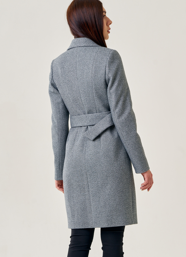 Женское пальто серого цвета с поясом модель № 75566 универмаг малина